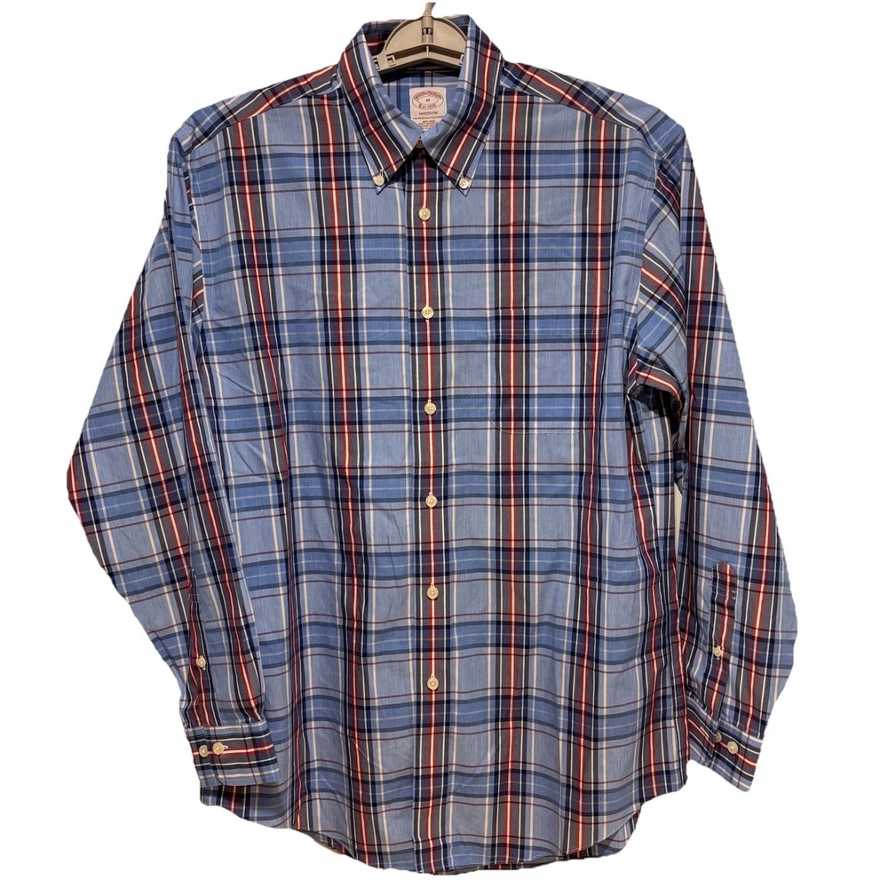 Brooks Brothers Shirt Blue Red Plaid Madison Button Down Cotton Medium Relaxed